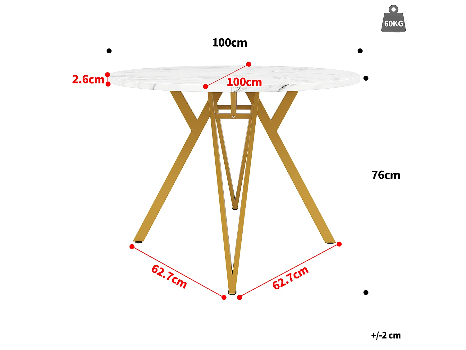 Table à manger ronde 100/100/76 cm avec pieds réglables MDF effet marbre doré