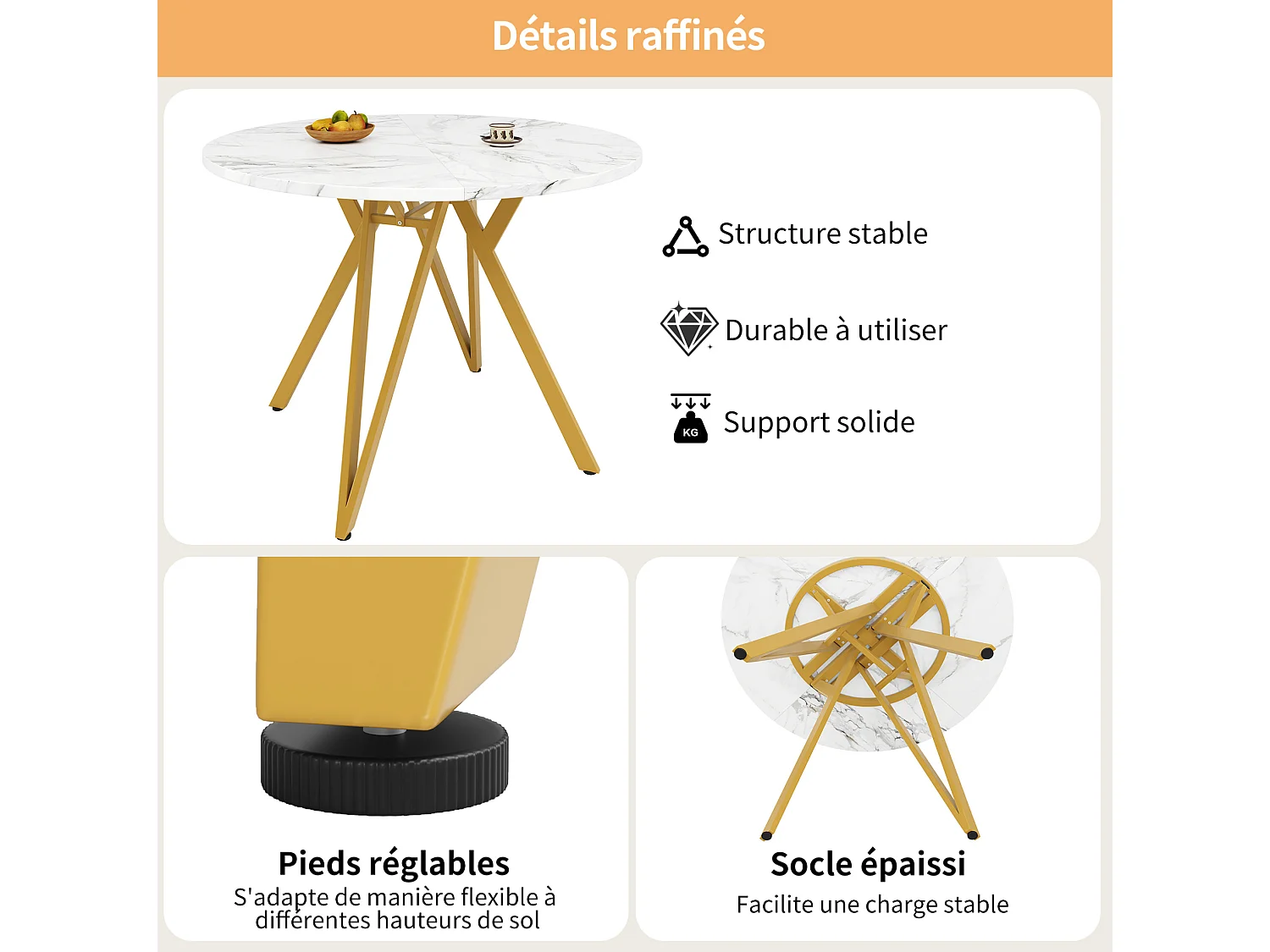 Table à manger ronde 100/100/76 cm avec pieds réglables MDF effet marbre doré