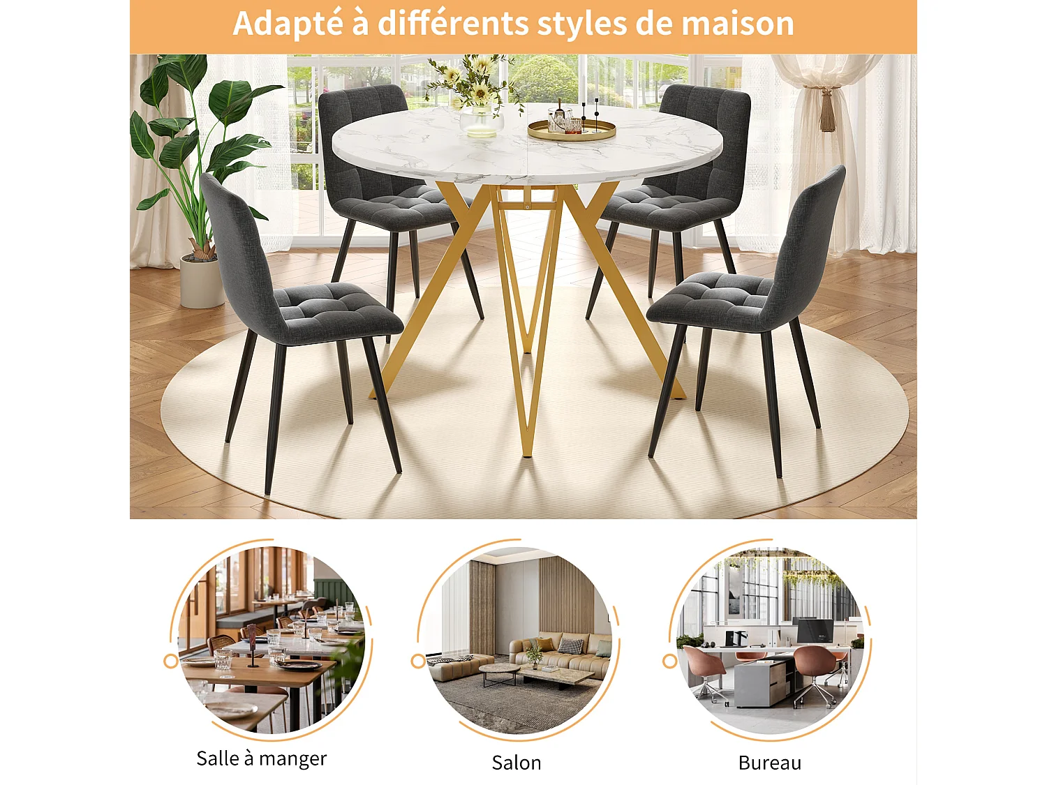 Table à manger ronde 100/100/76 cm avec pieds réglables MDF effet marbre doré