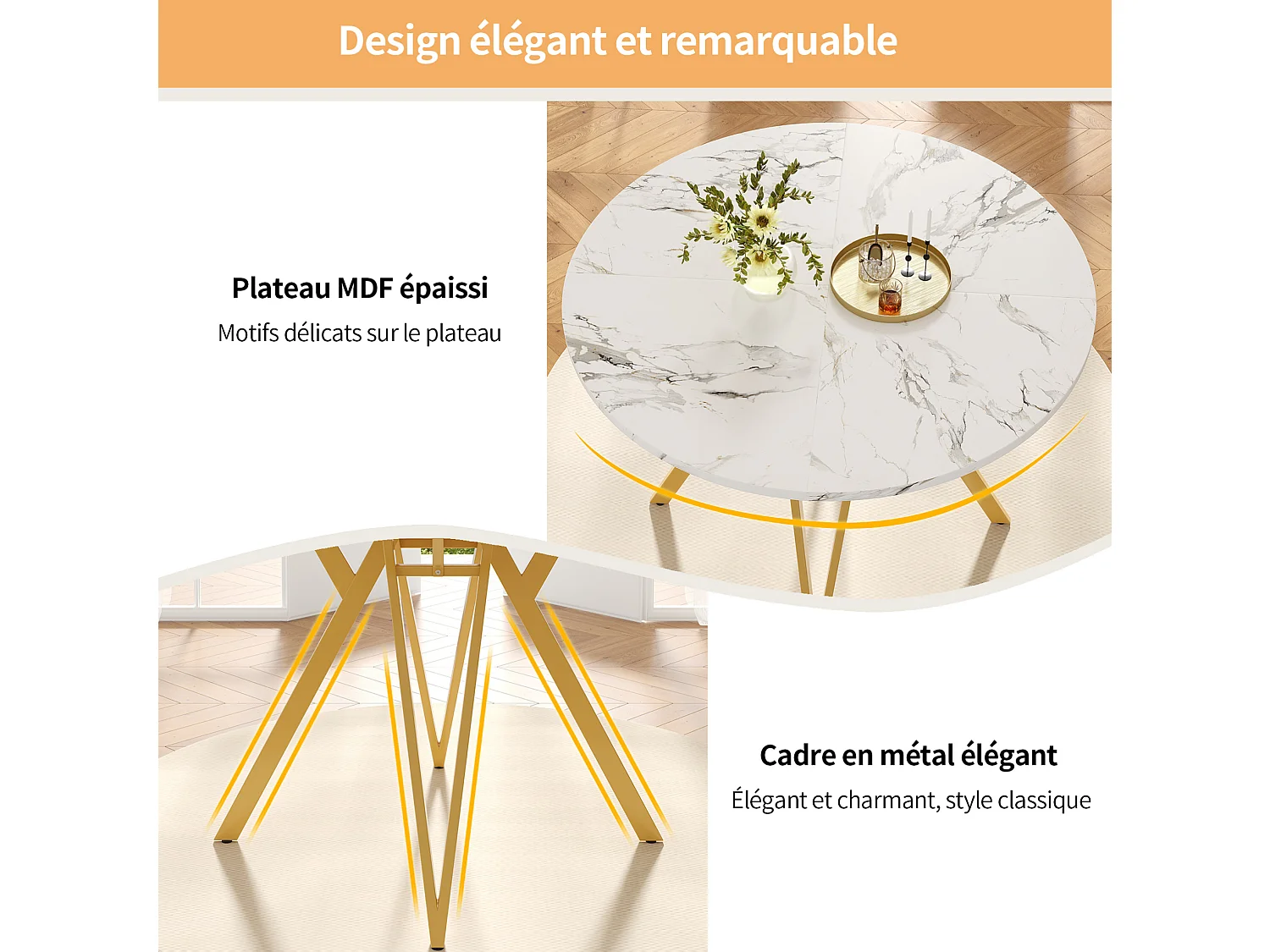 Table à manger ronde 100/100/76 cm avec pieds réglables MDF effet marbre doré