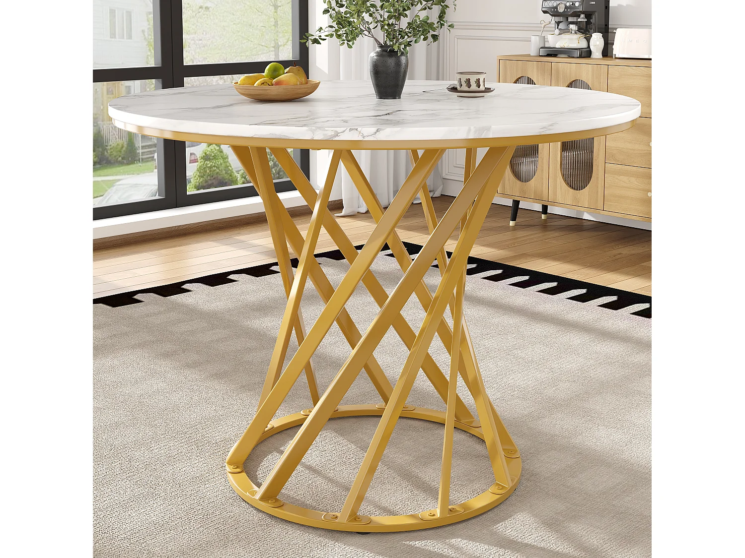 Table ronde 80×80×76cm, Plateau MDF marbré, Piétement métal doré, Cuisine/Salon, 4 personnes