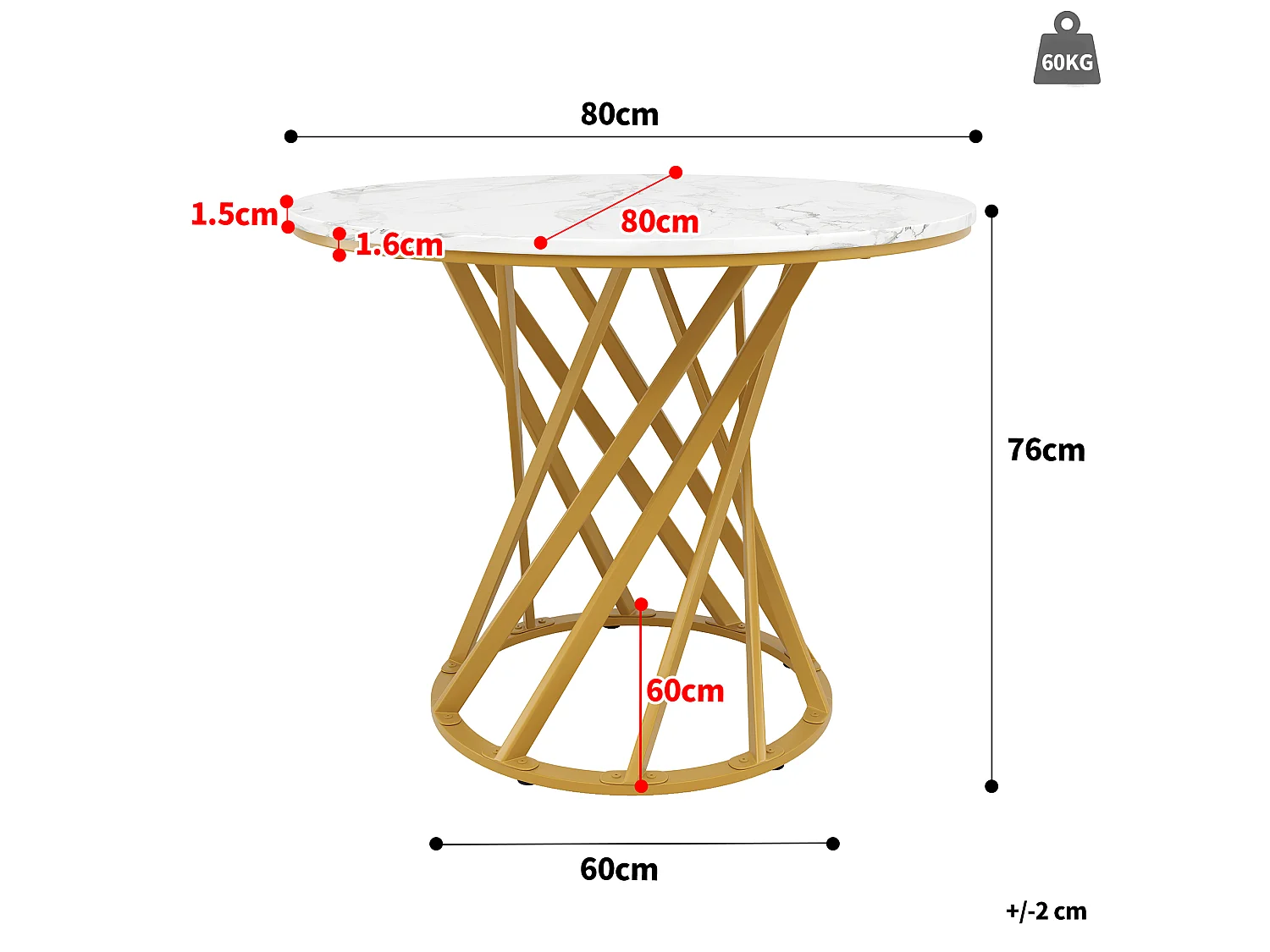 Table à manger ronde 80/76/80 cm avec pieds réglables MDF blanc et métal doré