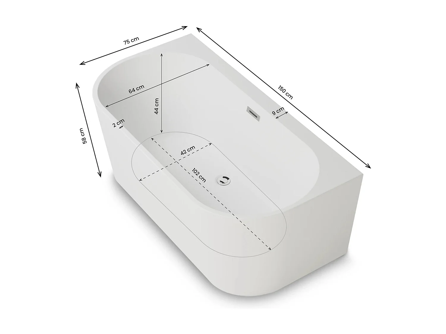 Baignoire Ilot Naos 150 blanche 150 x69 x58 cm, by SPALINA