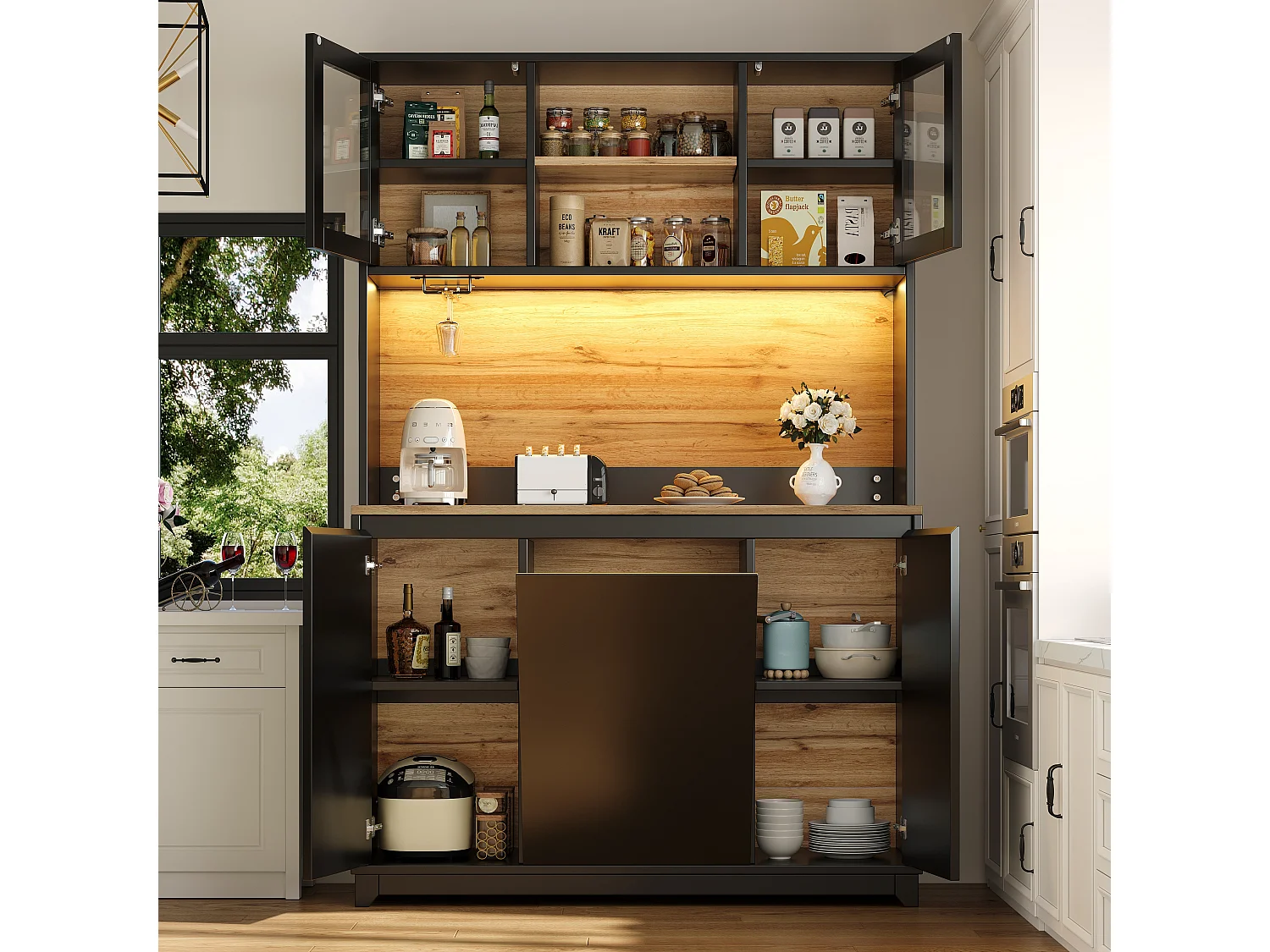 Armoire de cuisine 120×40×180cm, Buffet et Sideboard, Portes en acrylique, LED, Rangement haut, Noir