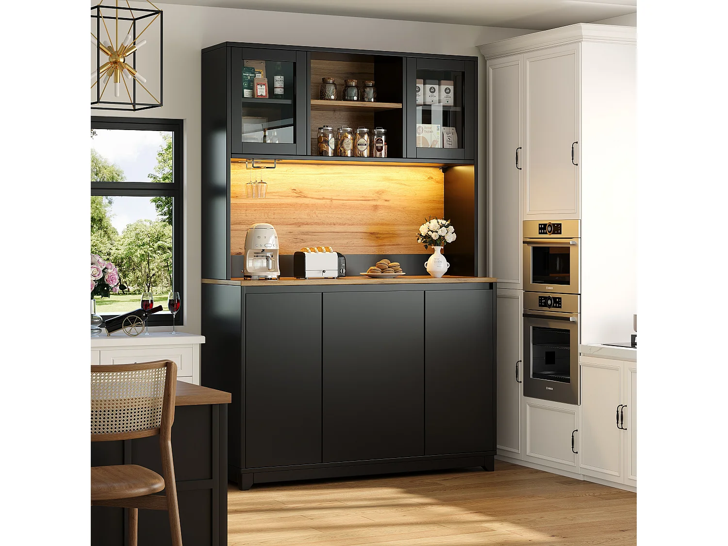 Armoire de cuisine 120×40×180cm, Buffet et Sideboard, Portes en acrylique, LED, Rangement haut, Noir