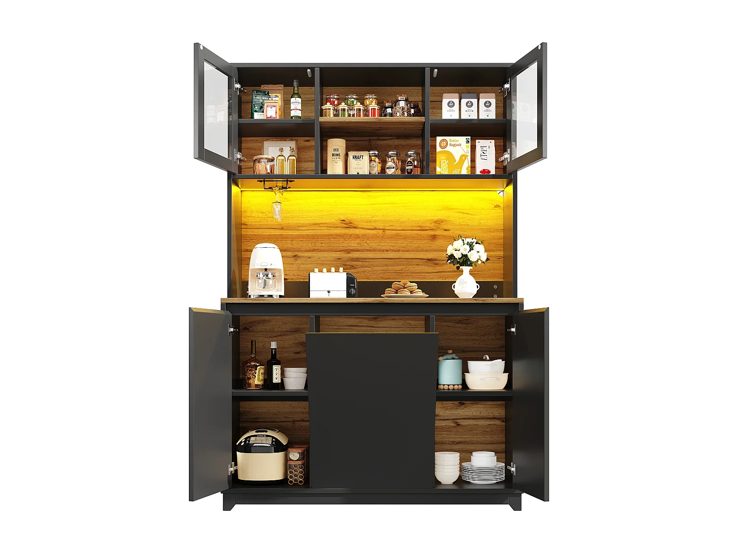 Armoire de cuisine 120×40×180cm, Buffet et Sideboard, Portes en acrylique, LED, Rangement haut, Noir