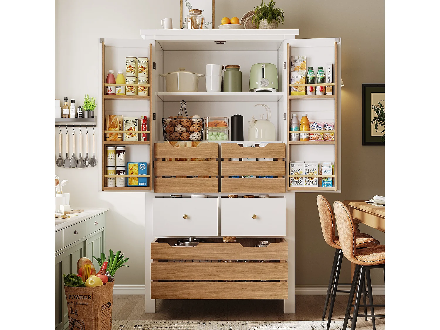 Armoire haute 80×40×140cm, Buffet multi-usage, 2 portes et 5 tiroirs, Snack, Rangement pour cuisine et salle à manger, Noir/Blanc