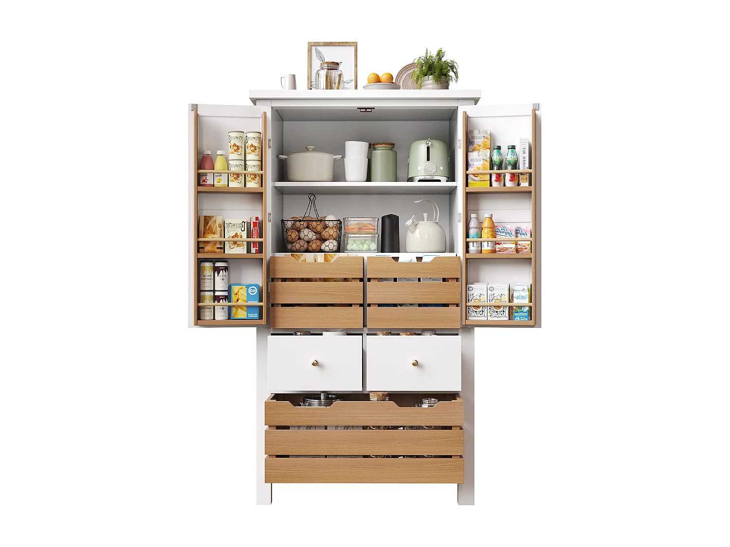 Armoire haute 80×40×140cm, Buffet multi-usage, 2 portes et 5 tiroirs, Snack, Rangement pour cuisine et salle à manger, Noir/Blanc