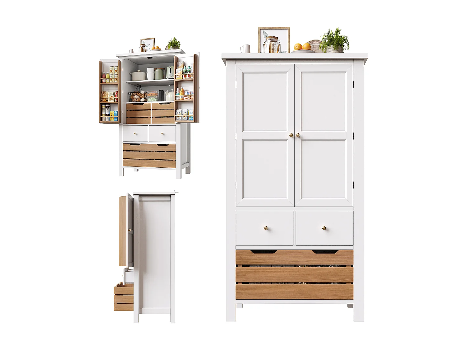 Armoire haute 80×40×140cm, Buffet multi-usage, 2 portes et 5 tiroirs, Snack, Rangement pour cuisine et salle à manger, Noir/Blanc