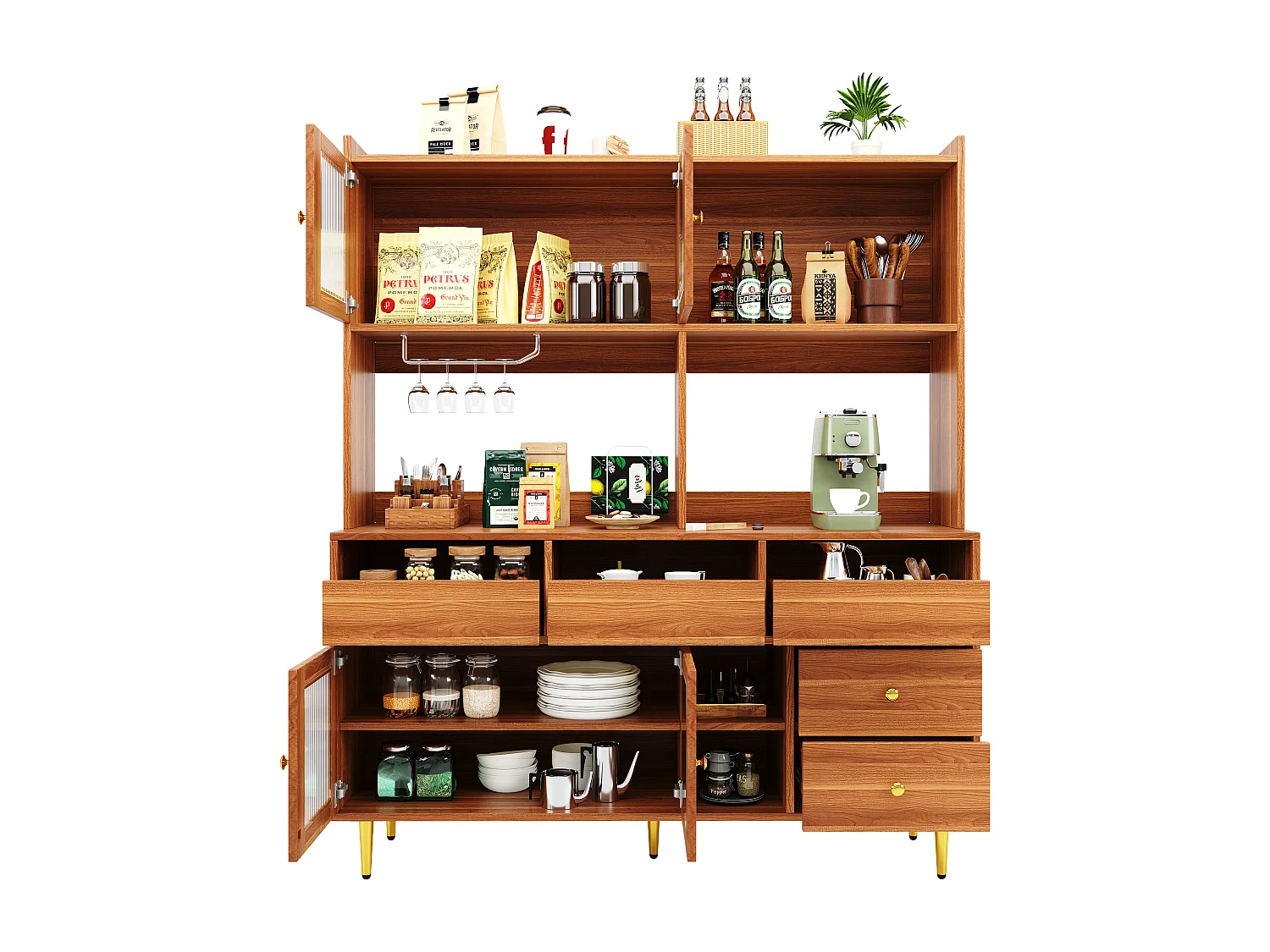 Armoire haute restaurant 145×39×171cm, Design simple, Porte verre Changhong, Casier à verres, Rangement multi-niveaux, Bois et doré