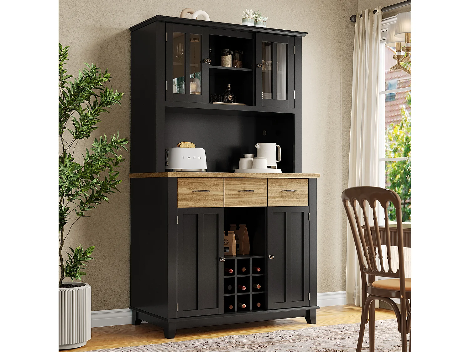 Armoire de cuisine 106×40×179,5cm, Buffet haut, Vitrine, Sideboard, LED, Tablettes réglables, Tiroirs couleur bois