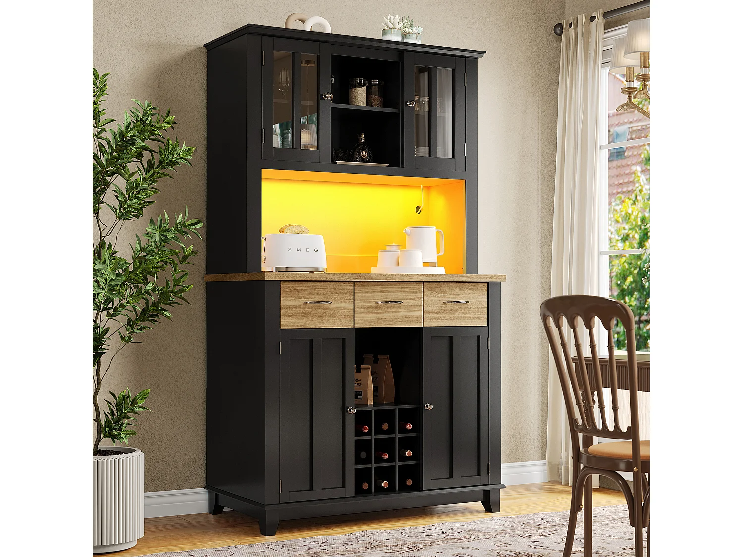 Armoire de cuisine 106×40×179,5cm, Buffet haut, Vitrine, Sideboard, LED, Tablettes réglables, Tiroirs couleur bois