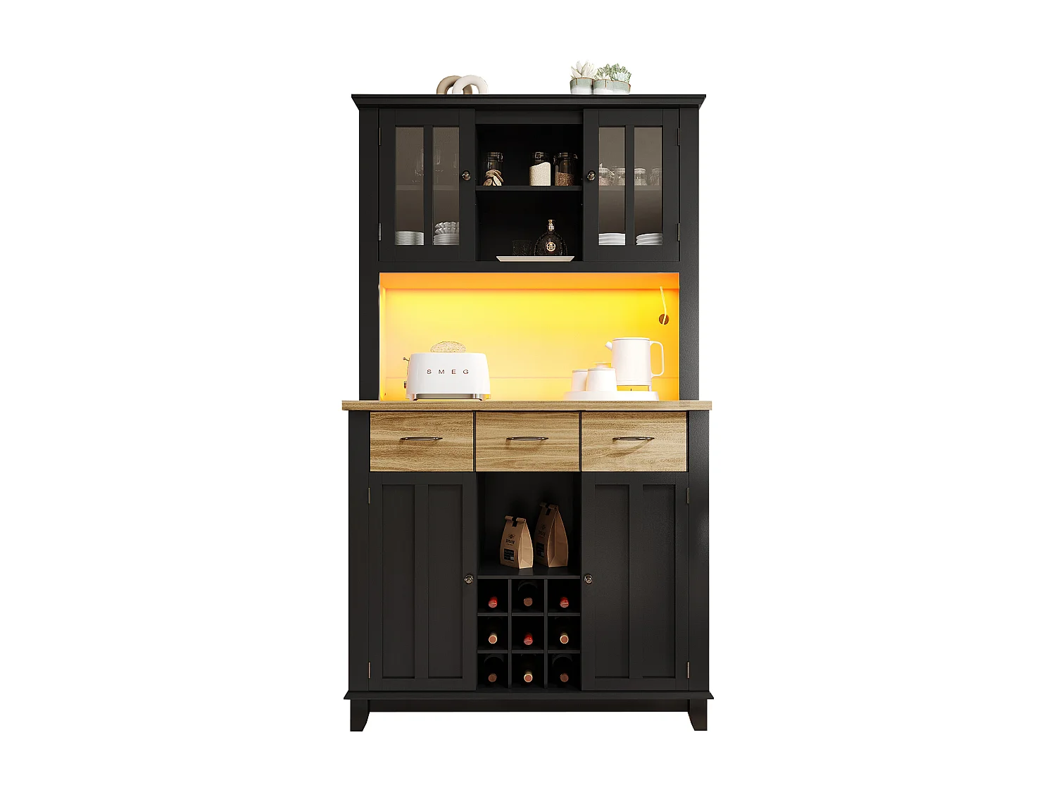 Armoire de cuisine 106×40×179,5cm, Buffet haut, Vitrine, Sideboard, LED, Tablettes réglables, Tiroirs couleur bois