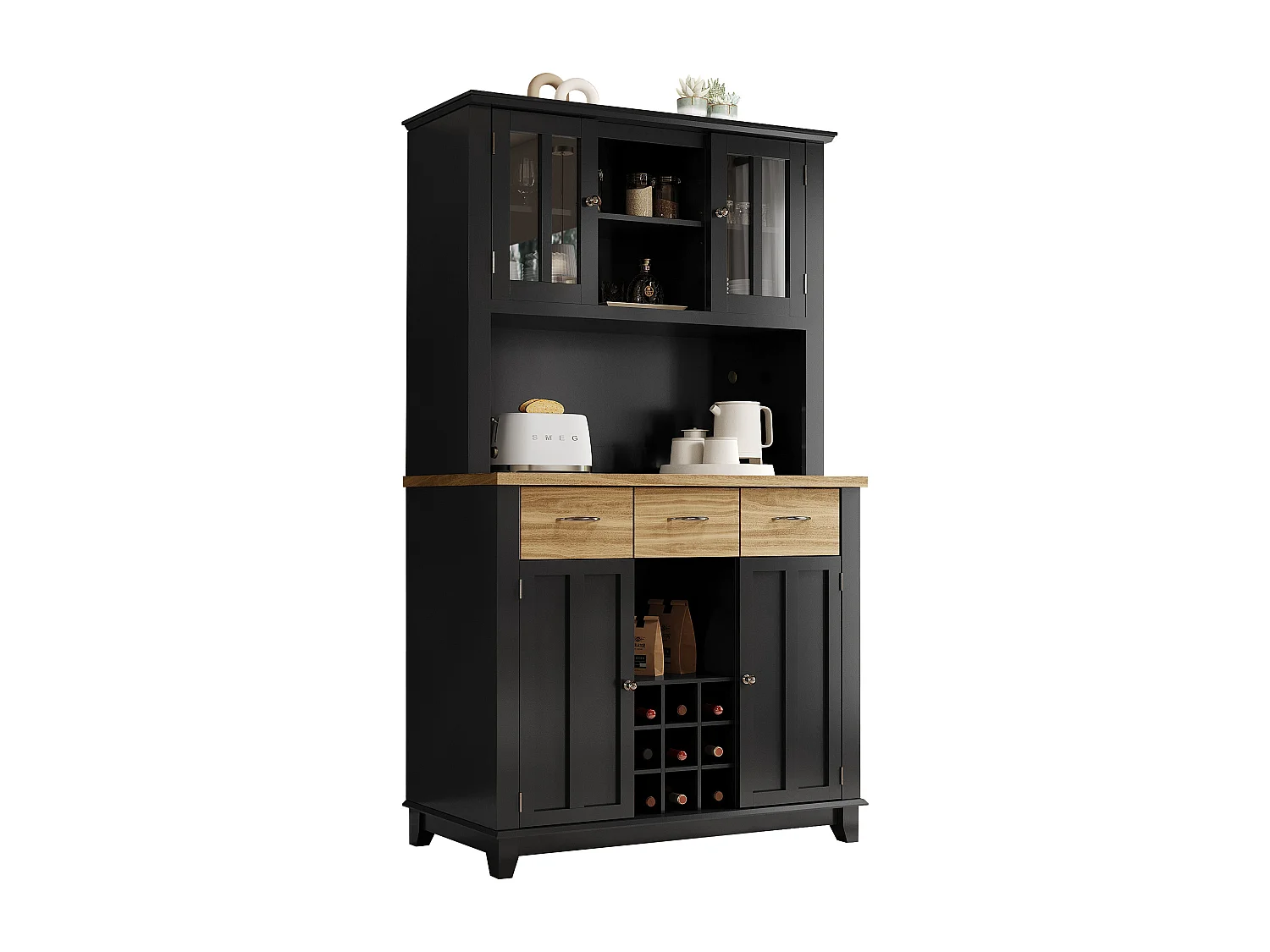 Armoire de cuisine 106×40×179,5cm, Buffet haut, Vitrine, Sideboard, LED, Tablettes réglables, Tiroirs couleur bois