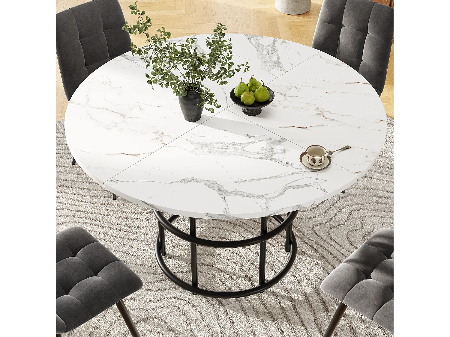 Table ronde 100×100×76cm, Piétement métal, Plateau MDF marbré, Cuisine/Salon, Pieds noirs pour 4-6