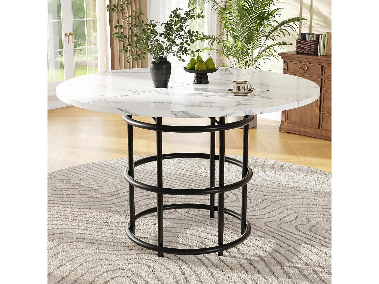 Table à manger ronde 100/100/76 cm avec pieds réglables MDF effet marbre noir et métal noir