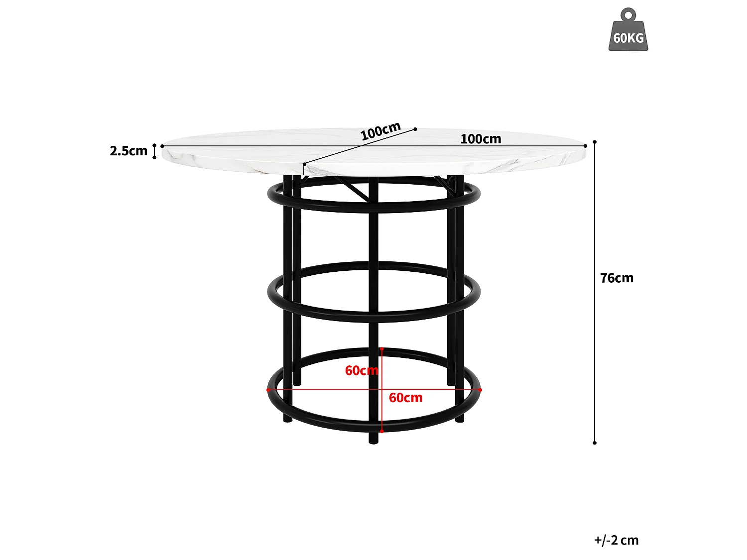 Table à manger ronde 100/100/76 cm avec pieds réglables MDF effet marbre noir et métal noir