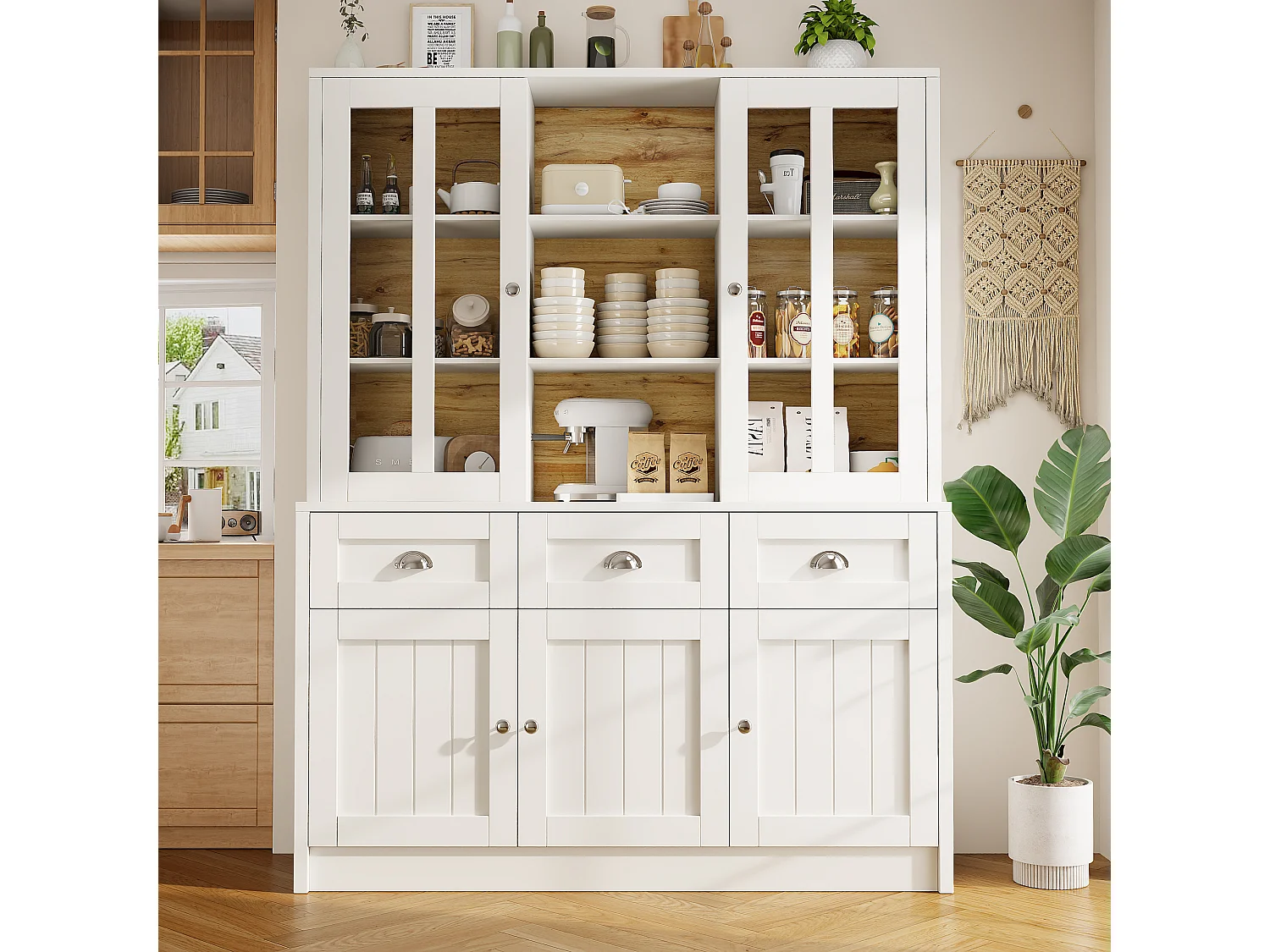Armoire haute 140×38,5×175cm, Vitrine et Buffet, Étagères avec tiroirs, Style minimaliste, Cuisine/Salon, Blanc, rangement spacieux