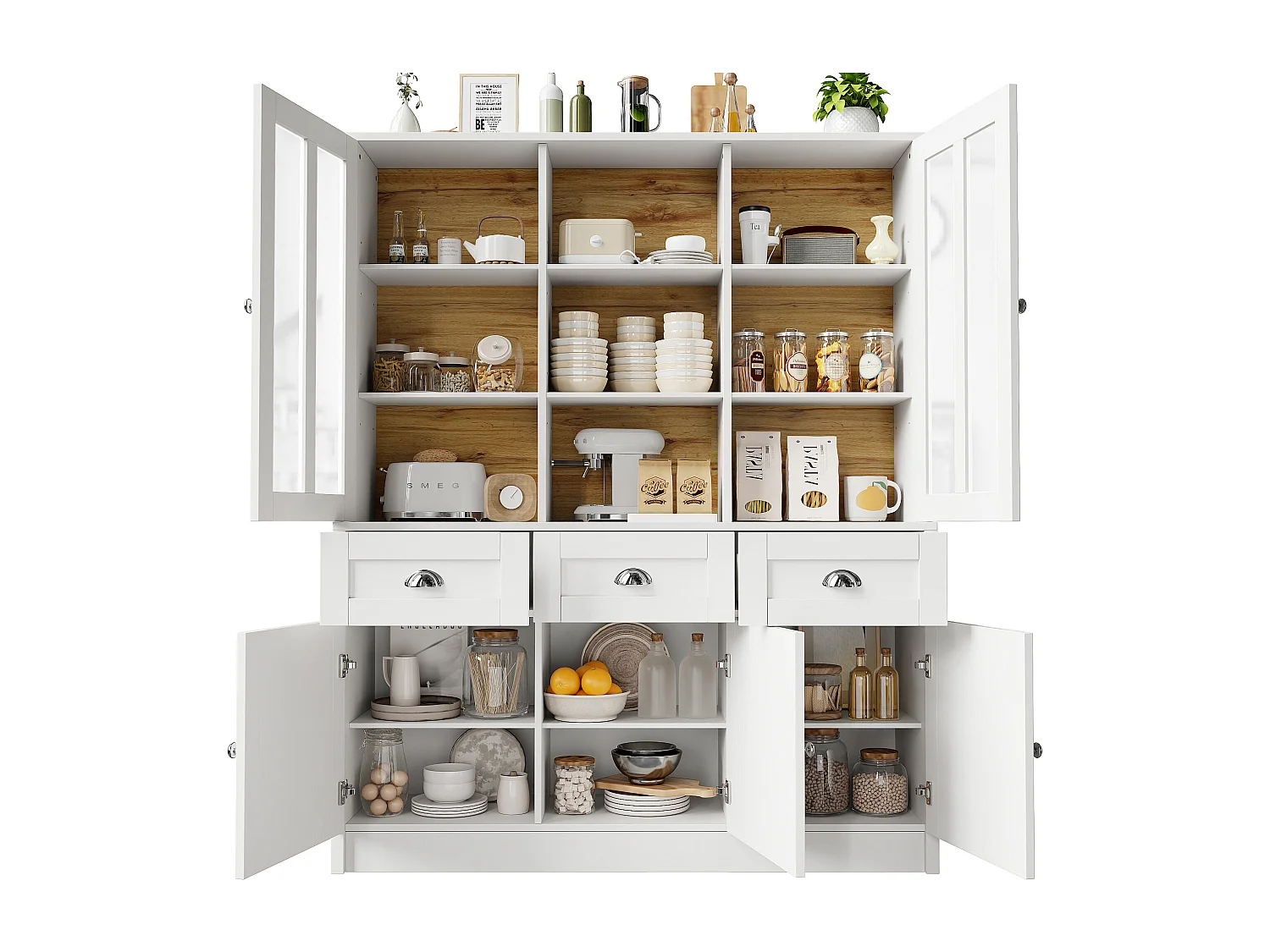 Armoire haute 140×38,5×175cm, Vitrine et Buffet, Étagères avec tiroirs, Style minimaliste, Cuisine/Salon, Blanc, rangement spacieux