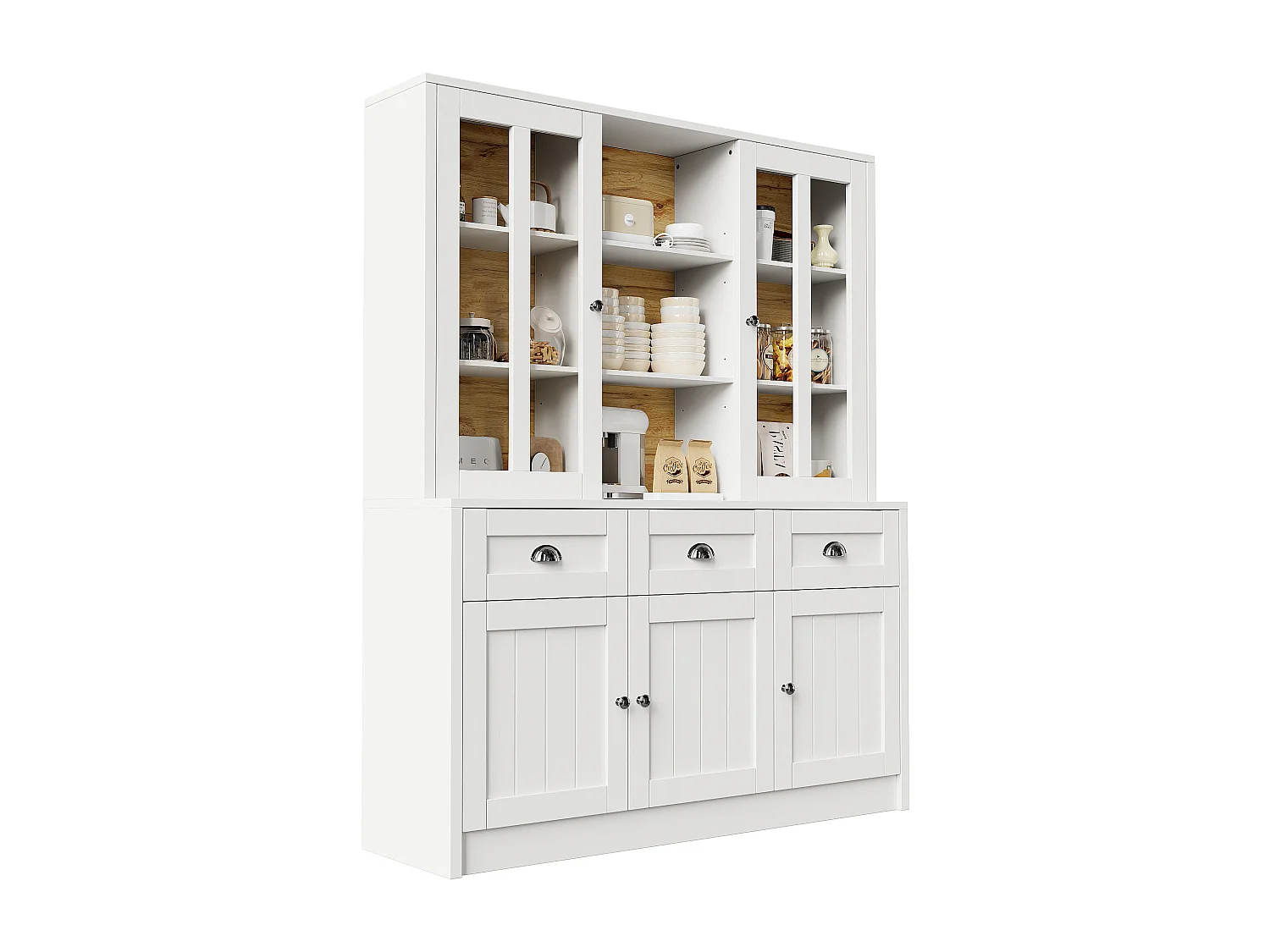 Armoire haute 140×38,5×175cm, Vitrine et Buffet, Étagères avec tiroirs, Style minimaliste, Cuisine/Salon, Blanc, rangement spacieux