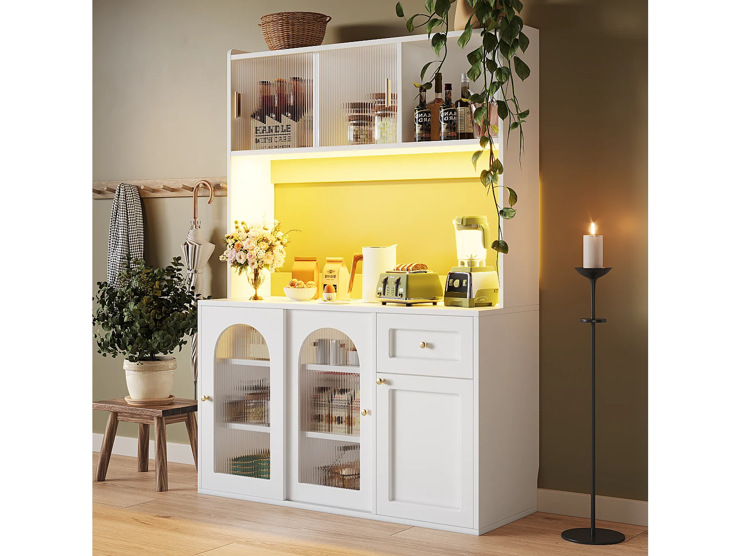 Armoire haute de cuisine, Buffet et Vitrine, Étagères réglables, Sideboard LED, 4 portes, Blanc, rangement multi-niveaux