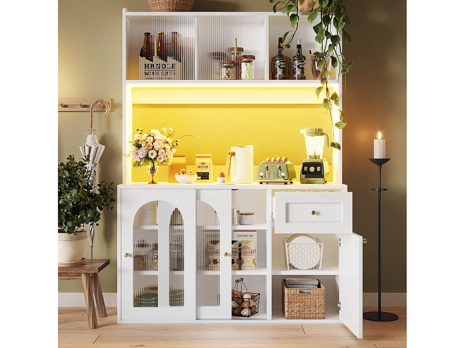 Armoire haute de cuisine, Buffet et Vitrine, Étagères réglables, Sideboard LED, 4 portes, Blanc, rangement multi-niveaux