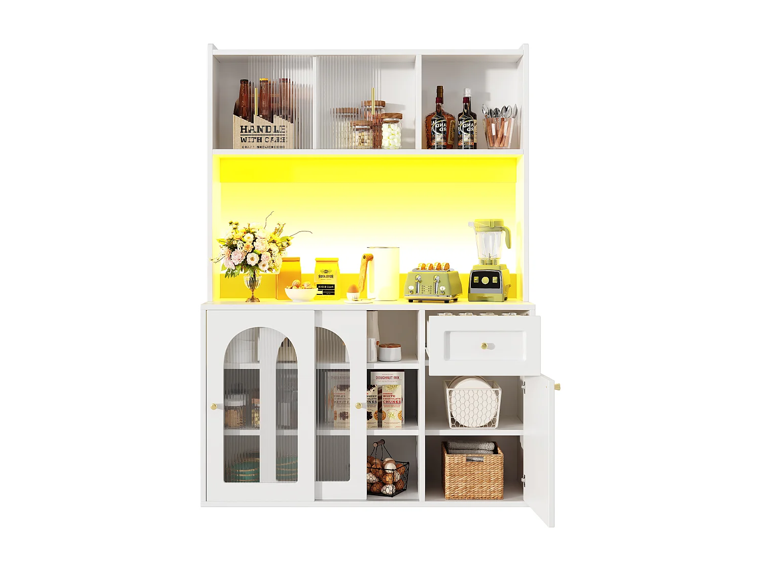 Armoire haute de cuisine, Buffet et Vitrine, Étagères réglables, Sideboard LED, 4 portes, Blanc, rangement multi-niveaux