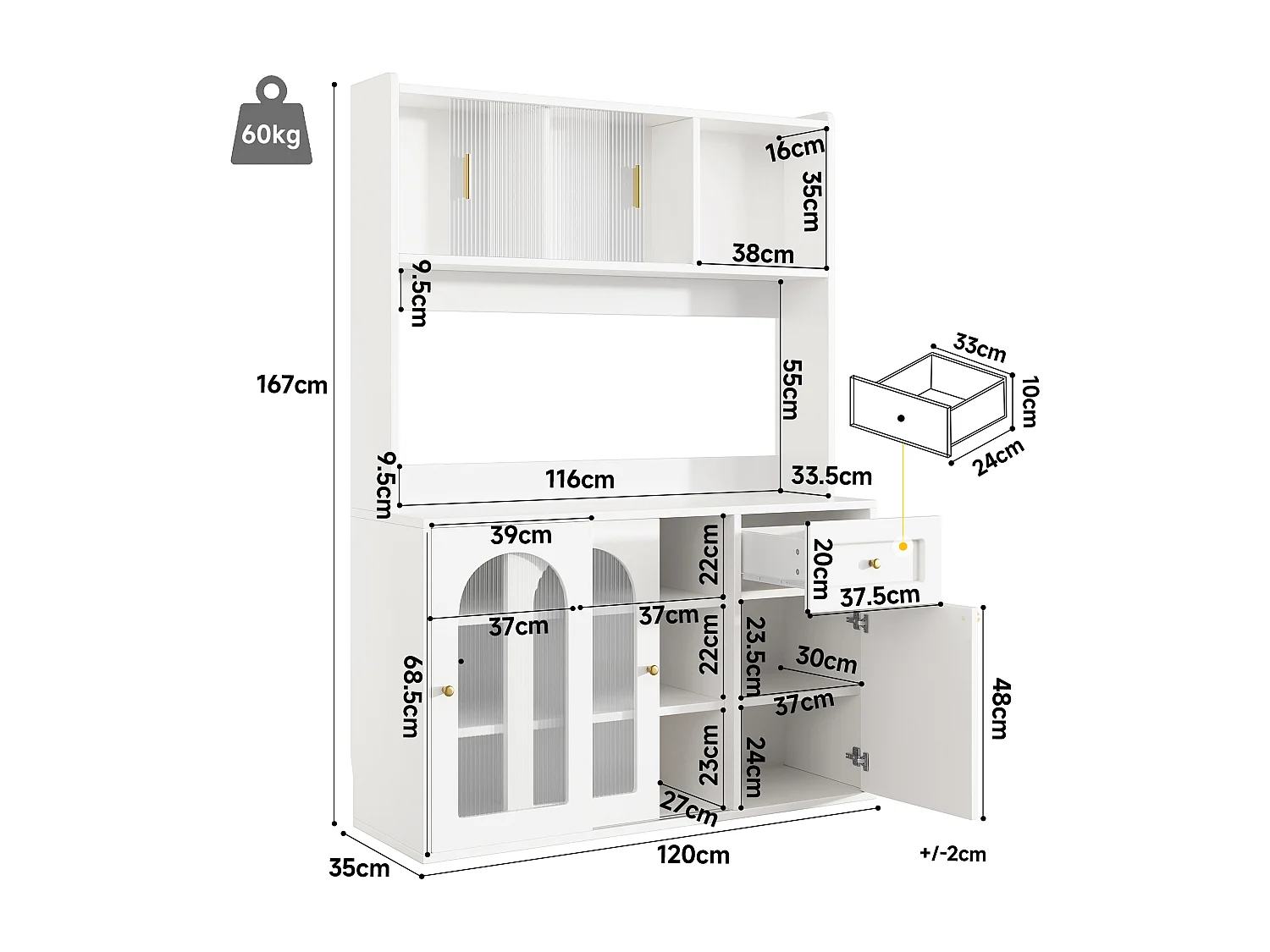 Armoire haute de cuisine, Buffet et Vitrine, Étagères réglables, Sideboard LED, 4 portes, Blanc, rangement multi-niveaux