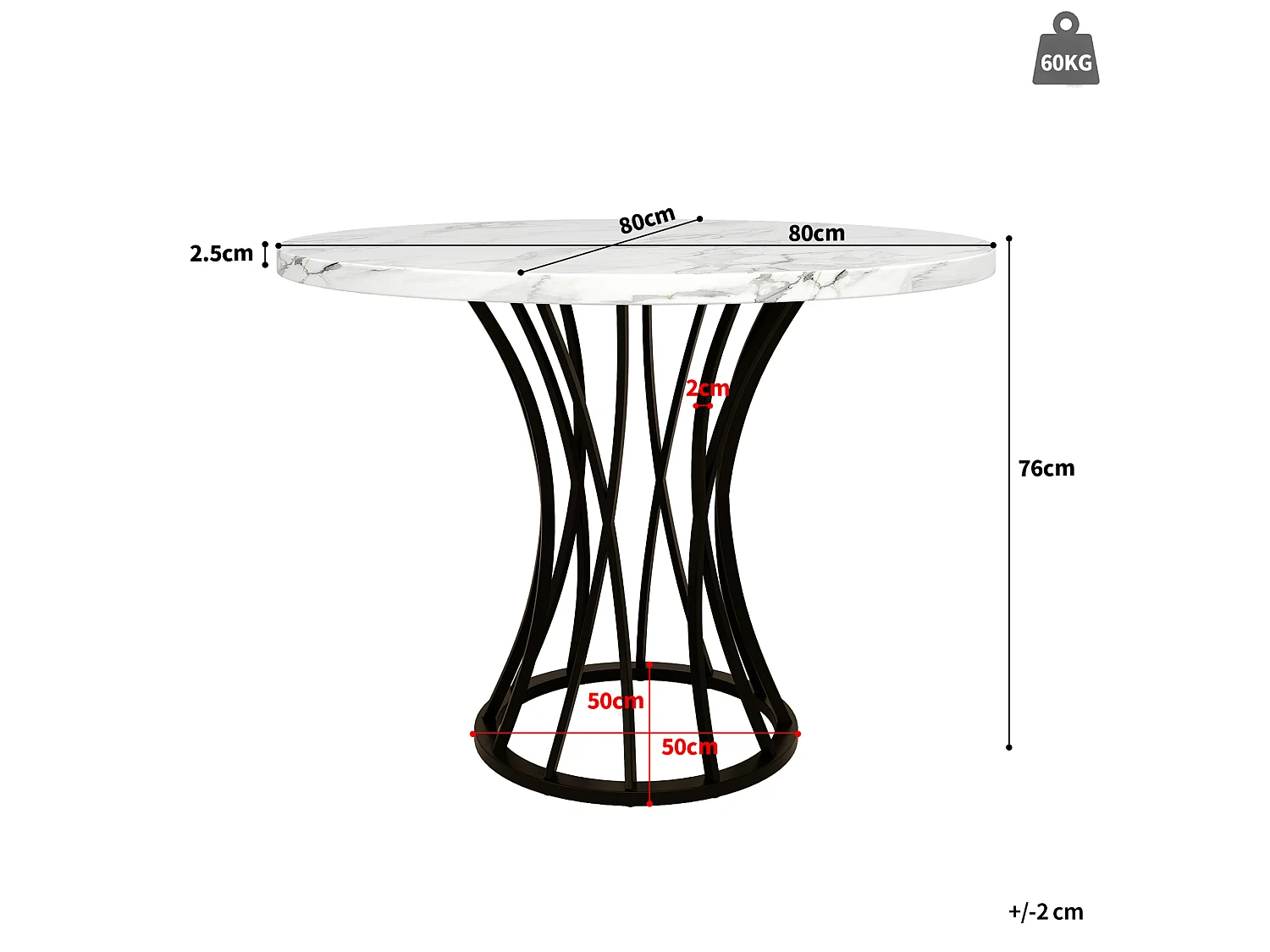Table à manger ronde 80/80/76 cm avec pieds réglables MDF effet marbre noir et métal noir