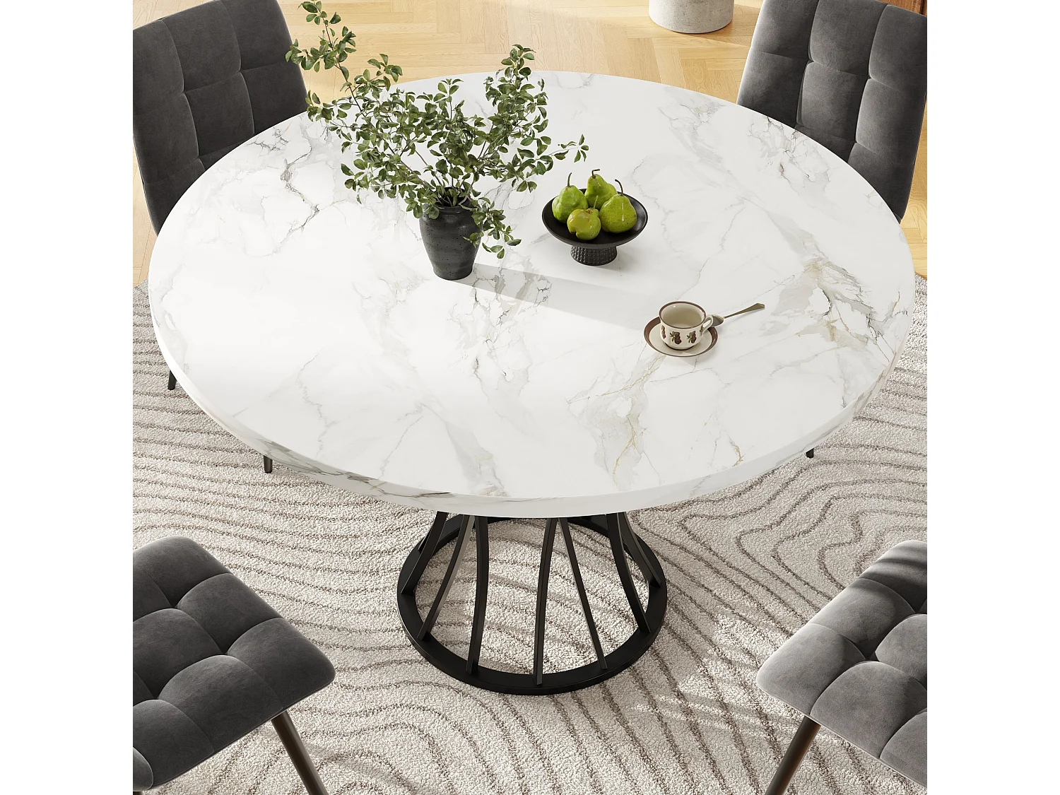 Table à manger ronde 80/80/76 cm avec pieds réglables MDF effet marbre noir et métal noir