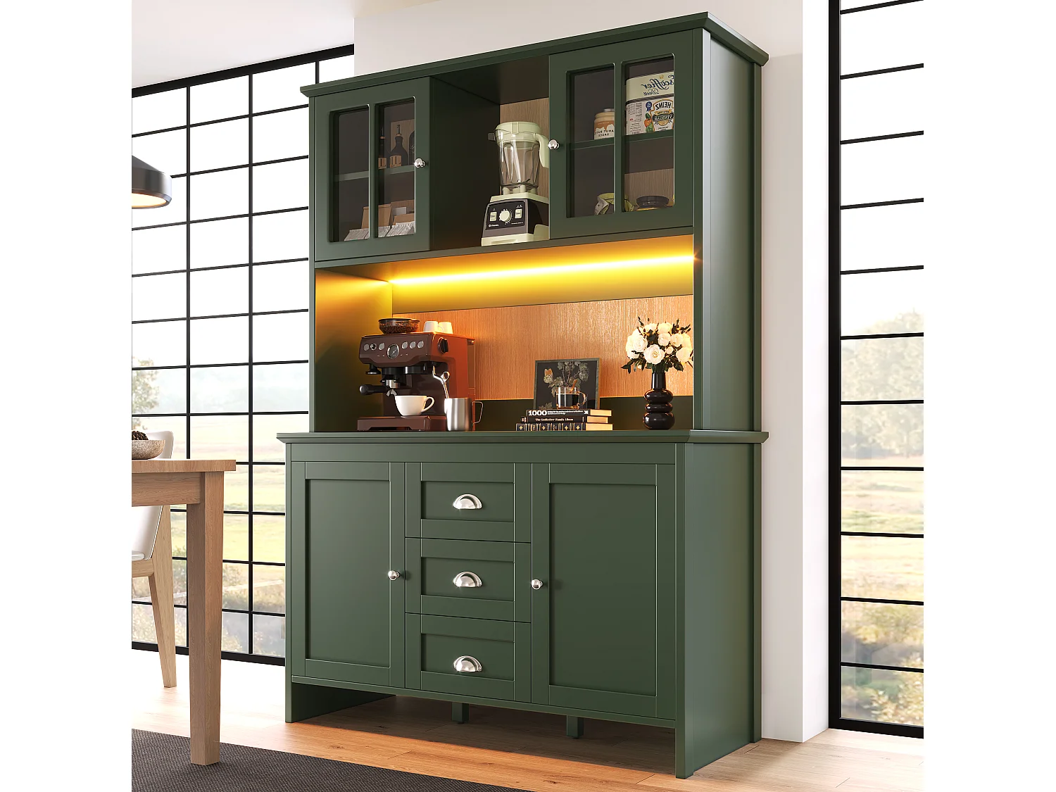 Armoire haute de cuisine 120×40×179cm, Buffet et Sideboard, Portes en verre marron, LED, Vert, rangement modulable