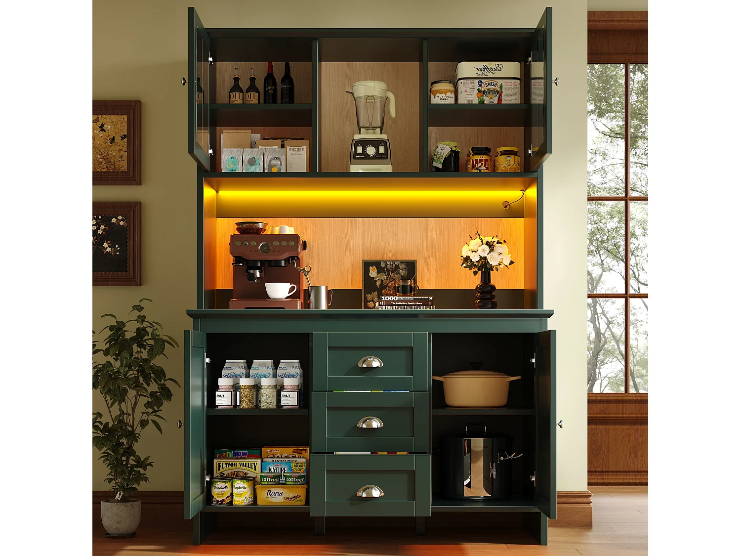 Armoire haute de cuisine 120×40×179cm, Buffet et Sideboard, Portes en verre marron, LED, Vert, rangement modulable