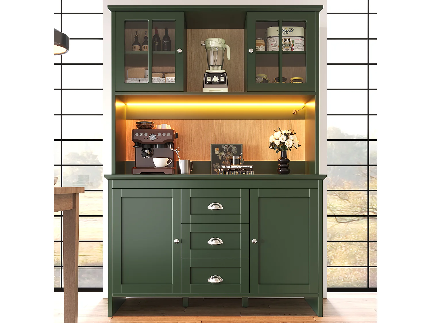 Armoire haute de cuisine 120×40×179cm, Buffet et Sideboard, Portes en verre marron, LED, Vert, rangement modulable
