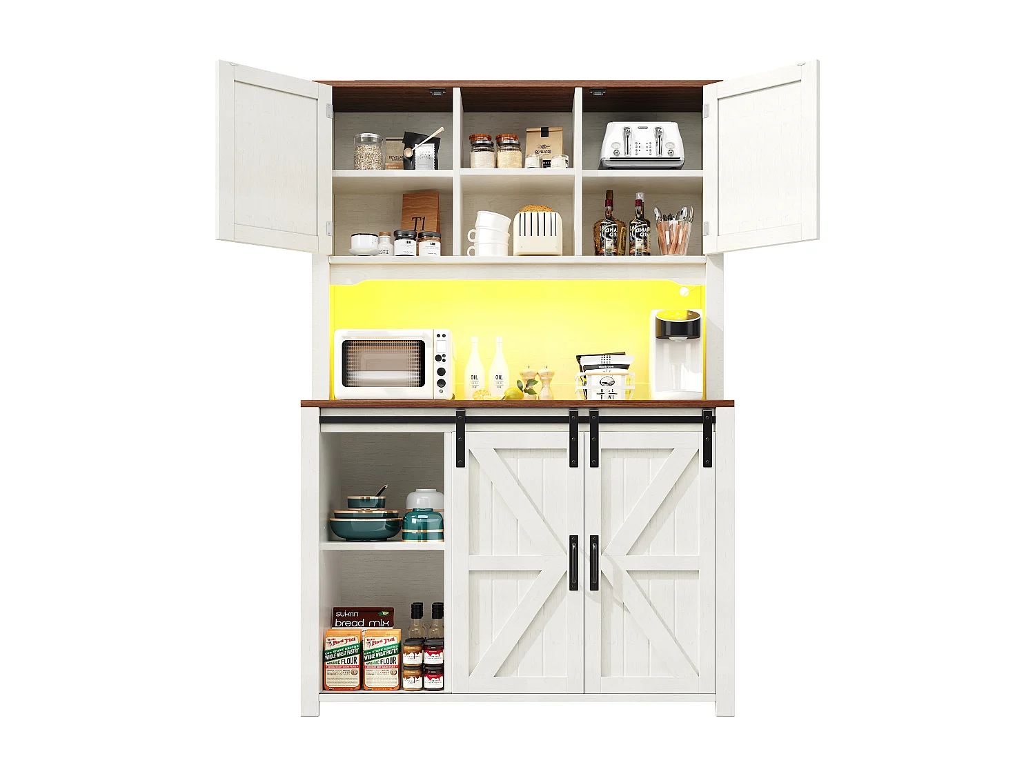 Armoire de cuisine 115×40×174,7cm, Buffet haut, Sideboard, Portes coulissantes, LED, Rangement pour cuisine, Noir/Blanc