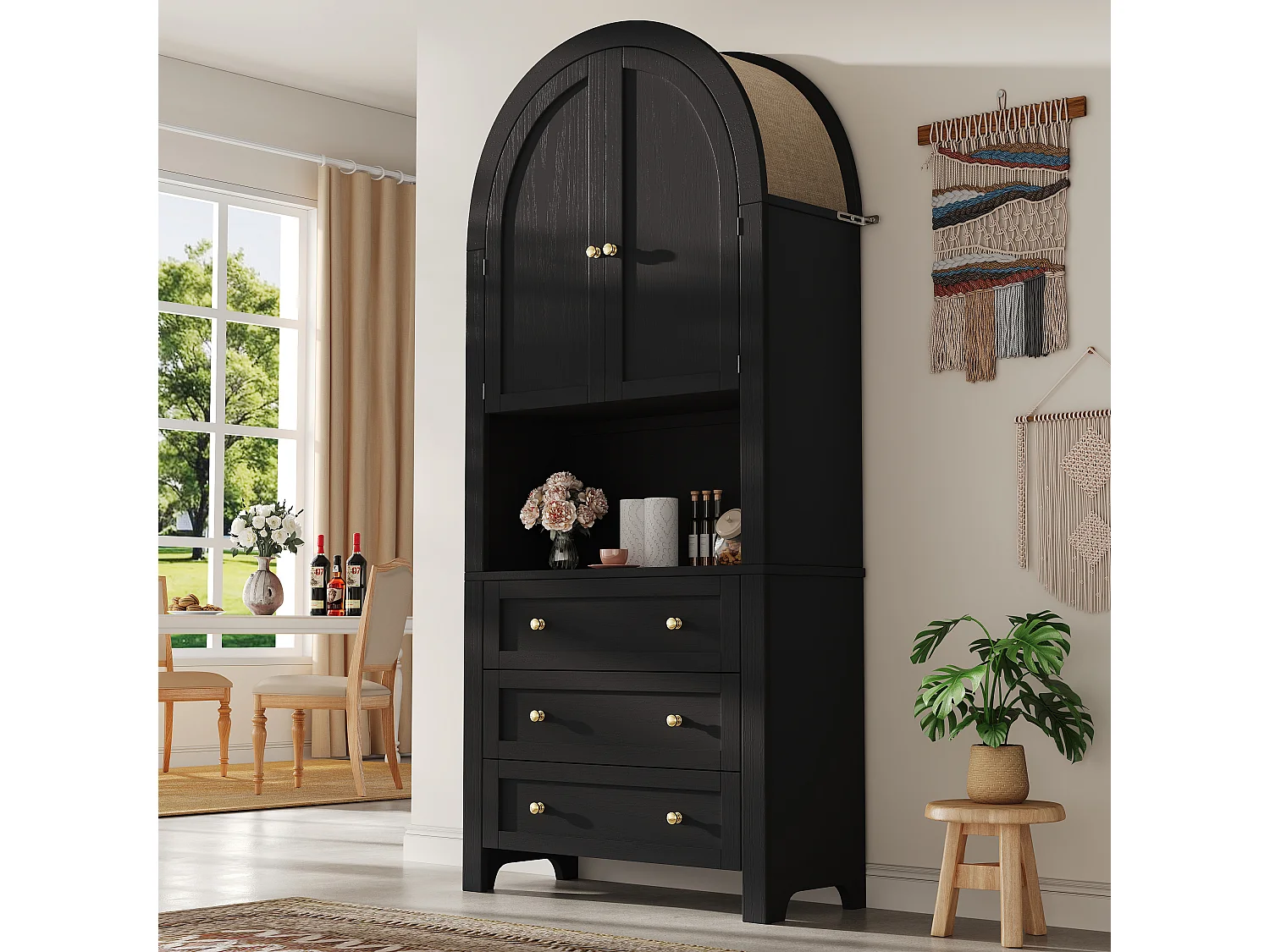 Armoire haute avec tiroirs et portes, Étagères ouvertes, Rangement autonome, Cuisine/Salon, Étagères arche noires