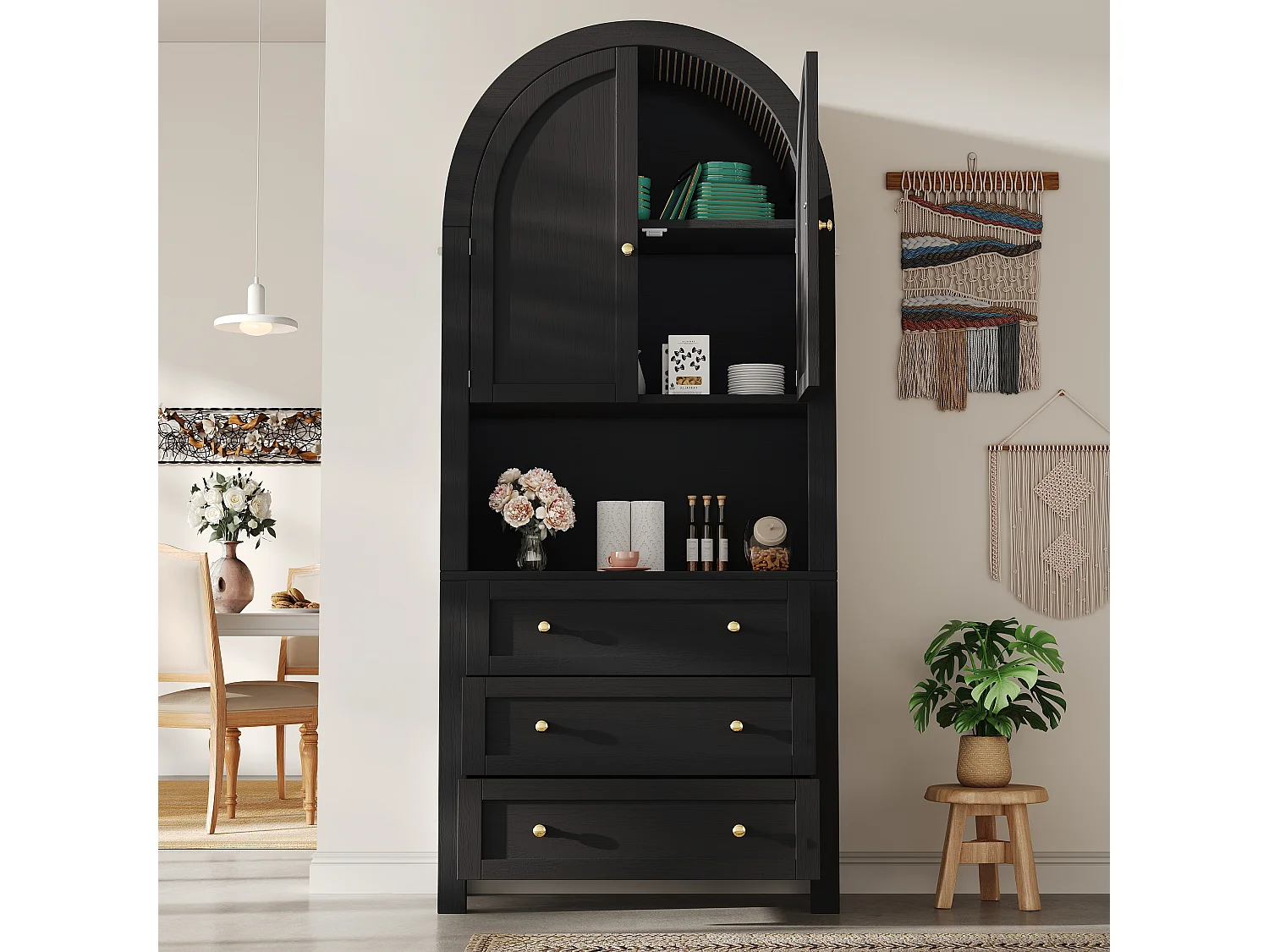 Armoire haute avec tiroirs et portes, Étagères ouvertes, Rangement autonome, Cuisine/Salon, Étagères arche noires