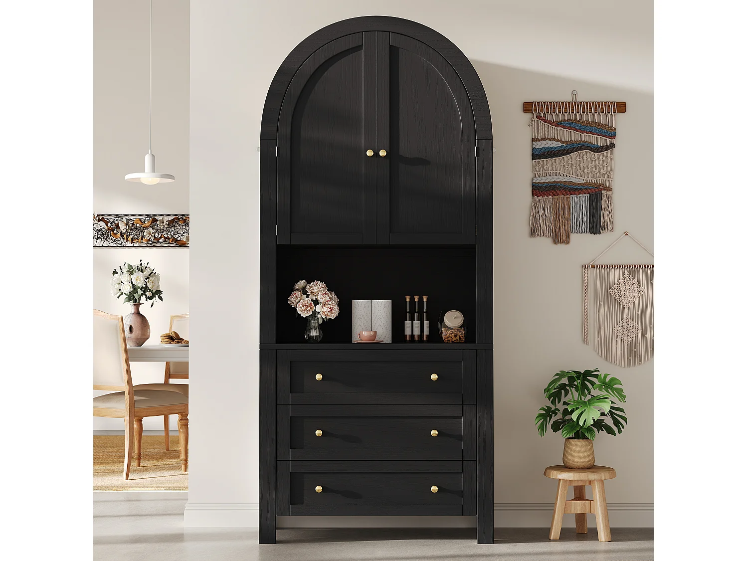 Armoire haute avec tiroirs et portes, Étagères ouvertes, Rangement autonome, Cuisine/Salon, Étagères arche noires