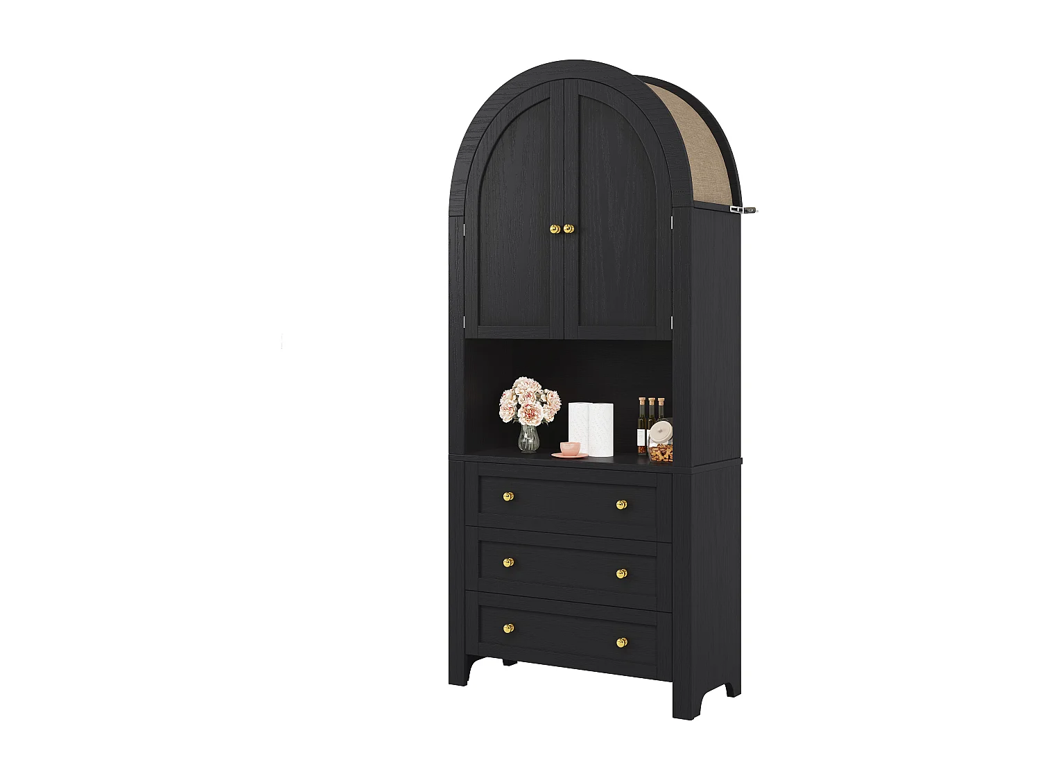 Armoire haute avec tiroirs et portes, Étagères ouvertes, Rangement autonome, Cuisine/Salon, Étagères arche noires