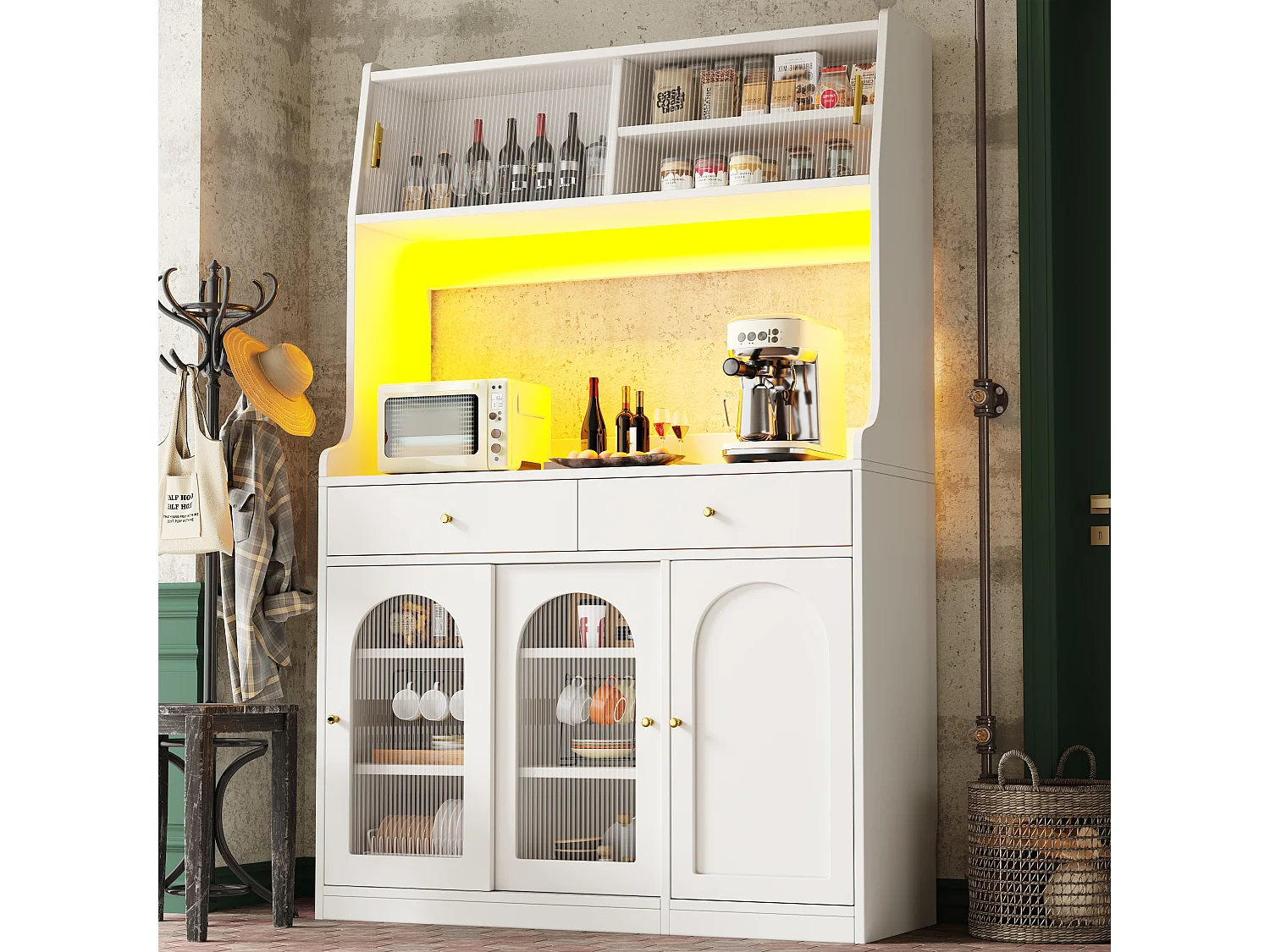 Armoire haute de cuisine, Buffet et Vitrine, Étagères réglables, 2 tiroirs, Sideboard LED, Lumière variable, Blanc, rangement modulable