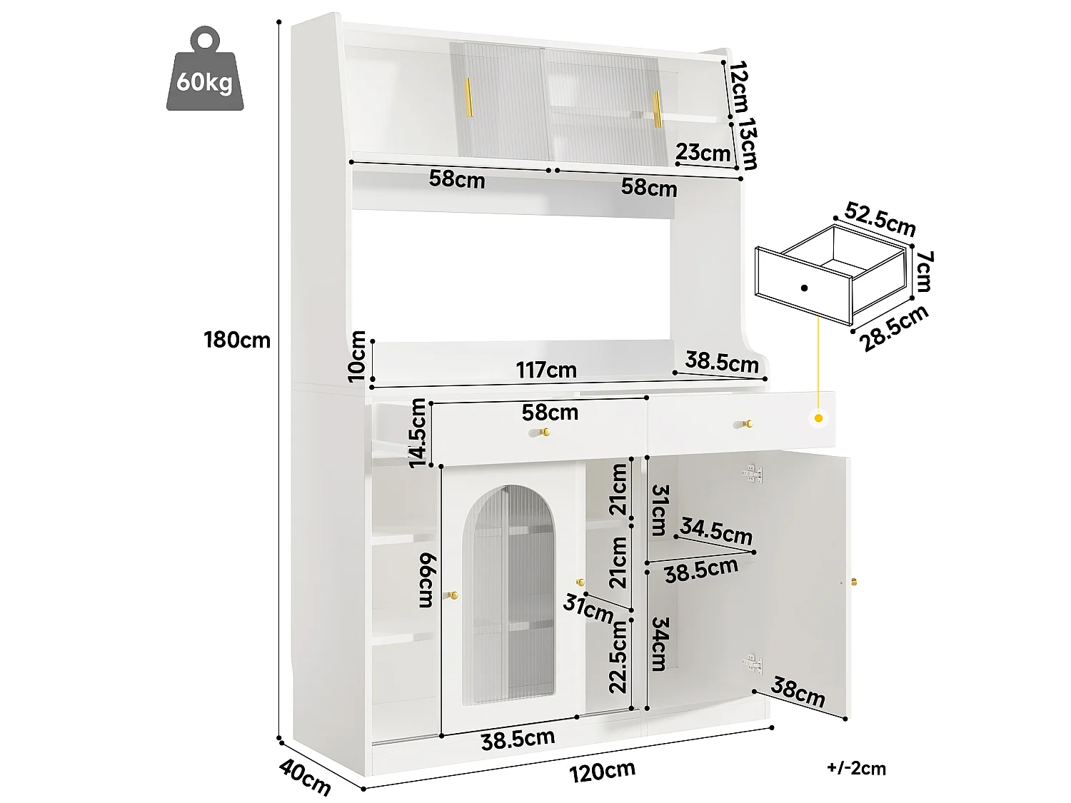 Buffet haut 120/180/40 cm avec éclairage LED et étagères réglables MDF et panneaux de particules blanc