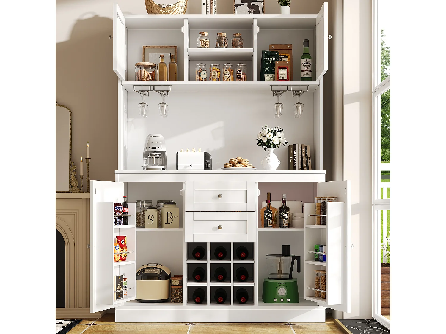 Armoire haute de cuisine, Buffet 4 portes & 2 tiroirs, Étagères réglables, Casier à vin, Sideboard Cuisine/Salon, Blanc