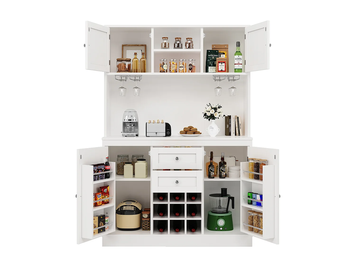 Armoire haute de cuisine, Buffet 4 portes & 2 tiroirs, Étagères réglables, Casier à vin, Sideboard Cuisine/Salon, Blanc