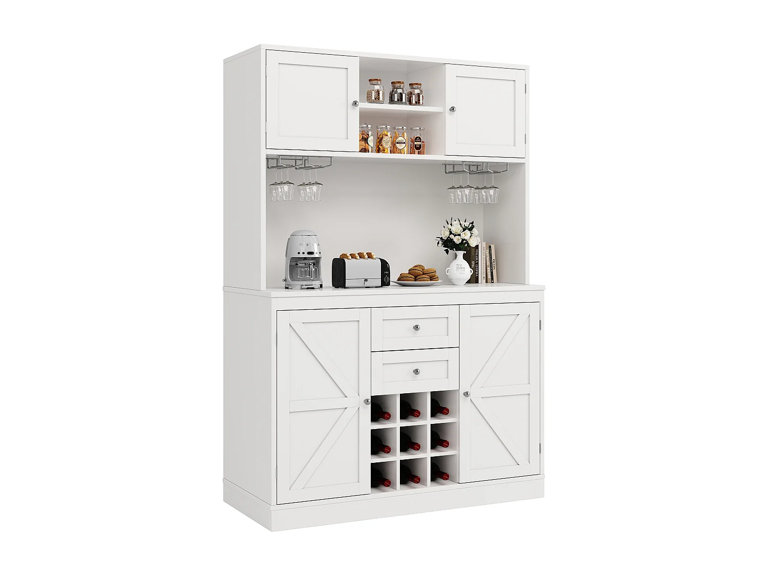 Armoire haute de cuisine, Buffet 4 portes & 2 tiroirs, Étagères réglables, Casier à vin, Sideboard Cuisine/Salon, Blanc
