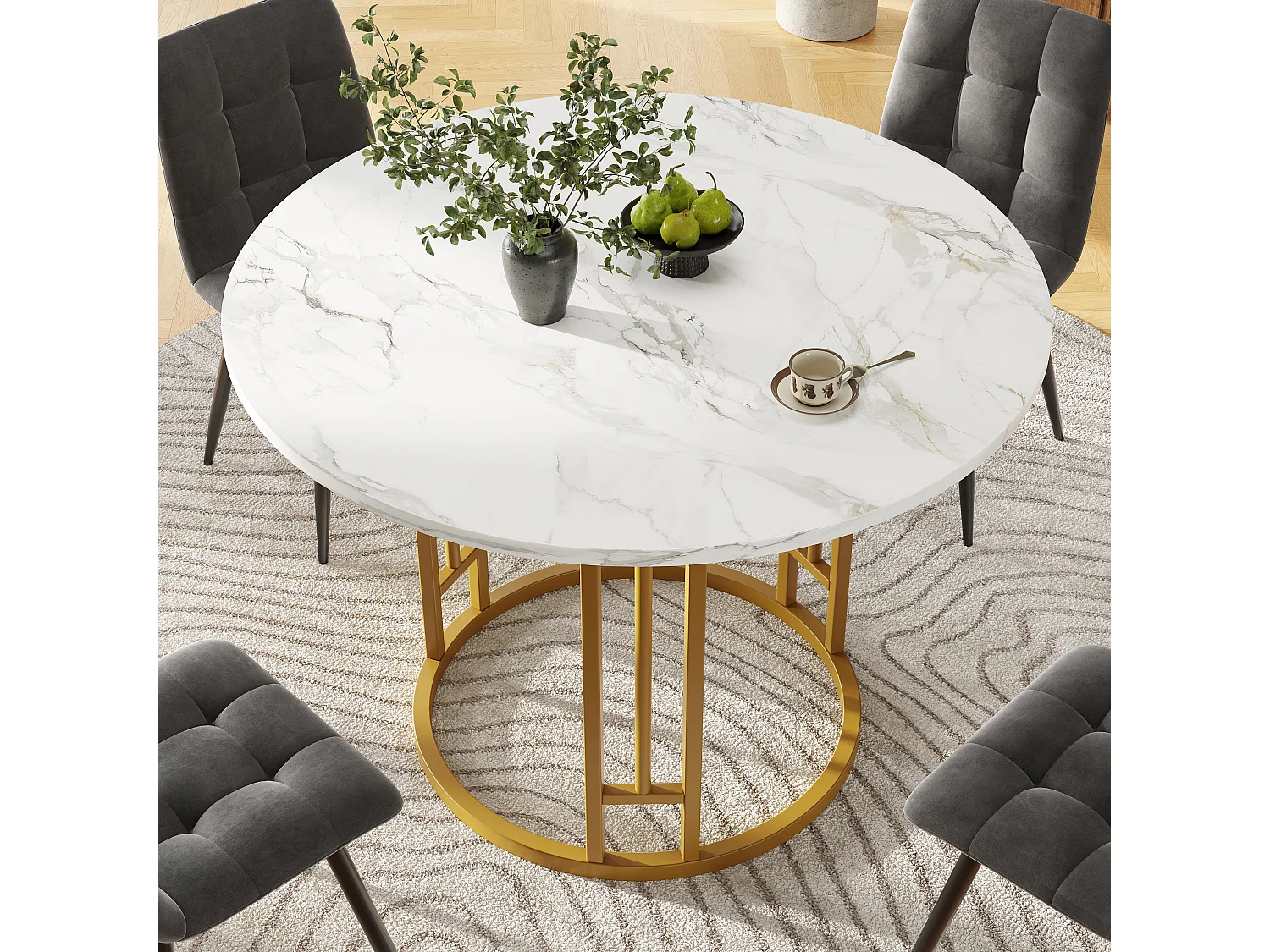Table ronde 80×80×76cm, Plateau MDF marbré, Piétement métal stylé, Cuisine/Salon, Pieds dorés, 4 personnes