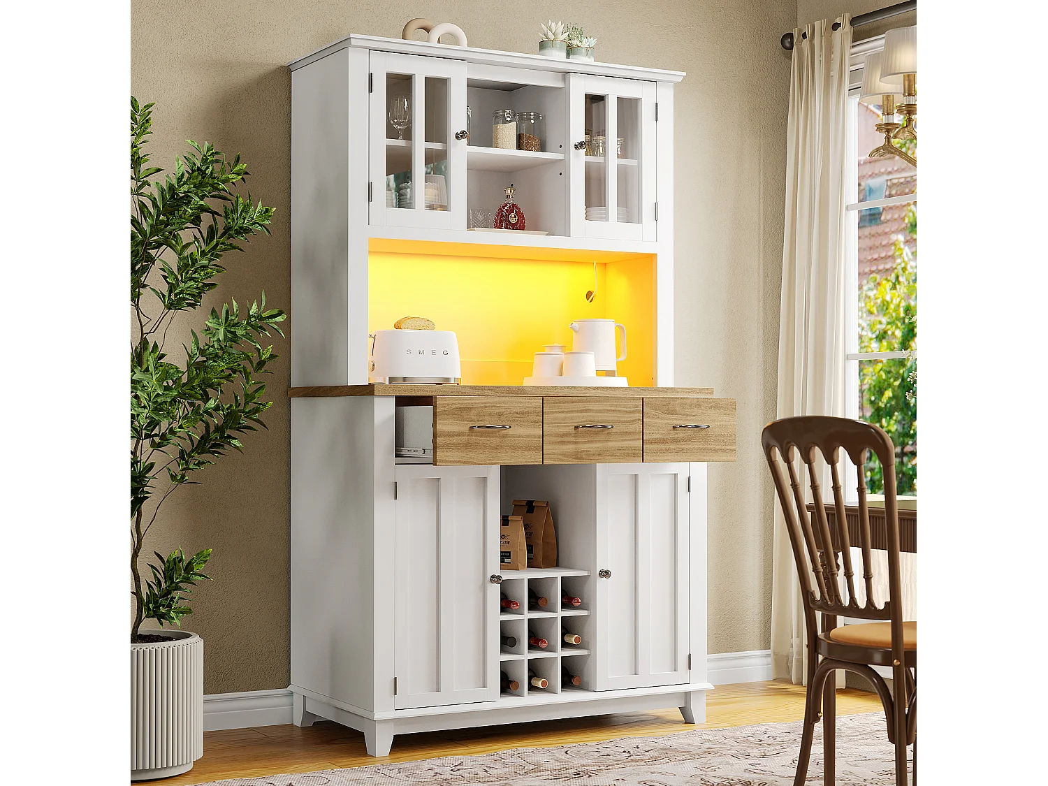 Armoire de cuisine 106×40×179,5cm, Buffet haut, Vitrine, Sideboard, LED, Tablettes réglables, Tiroirs couleur bois