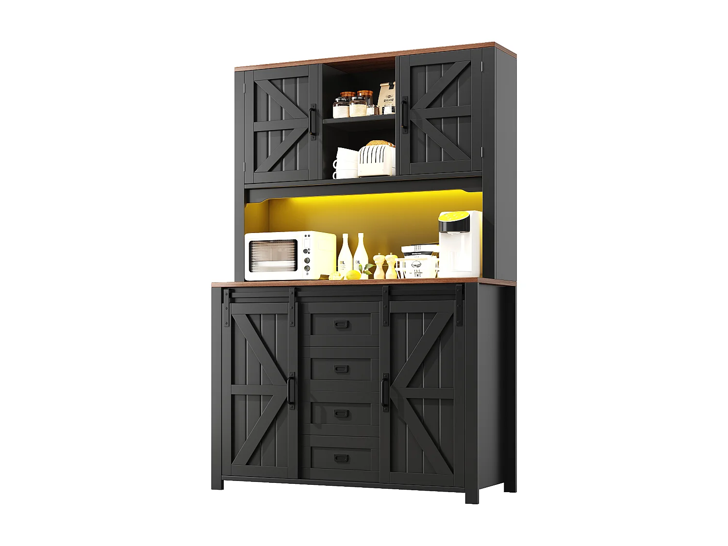Armoire de cuisine 115×40×174,7cm, Buffet haut, Sideboard, Portes coulissantes, LED, Rangement pour cuisine, Noir/Blanc