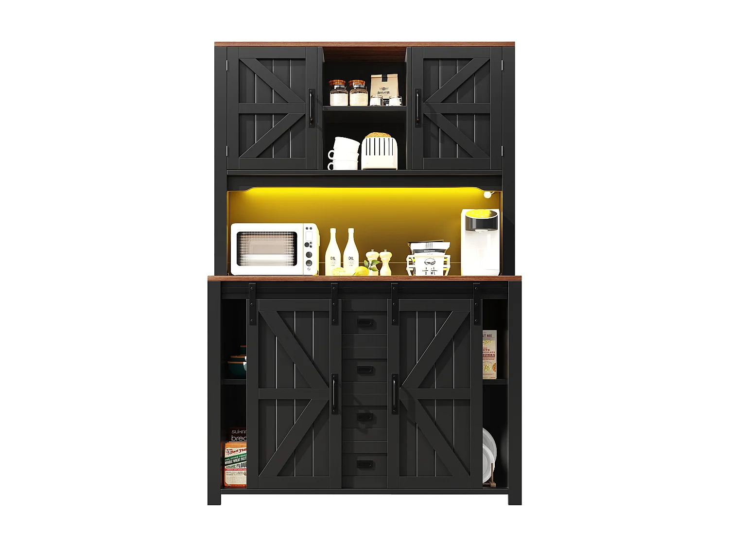 Armoire de cuisine 115×40×174,7cm, Buffet haut, Sideboard, Portes coulissantes, LED, Rangement pour cuisine, Noir/Blanc