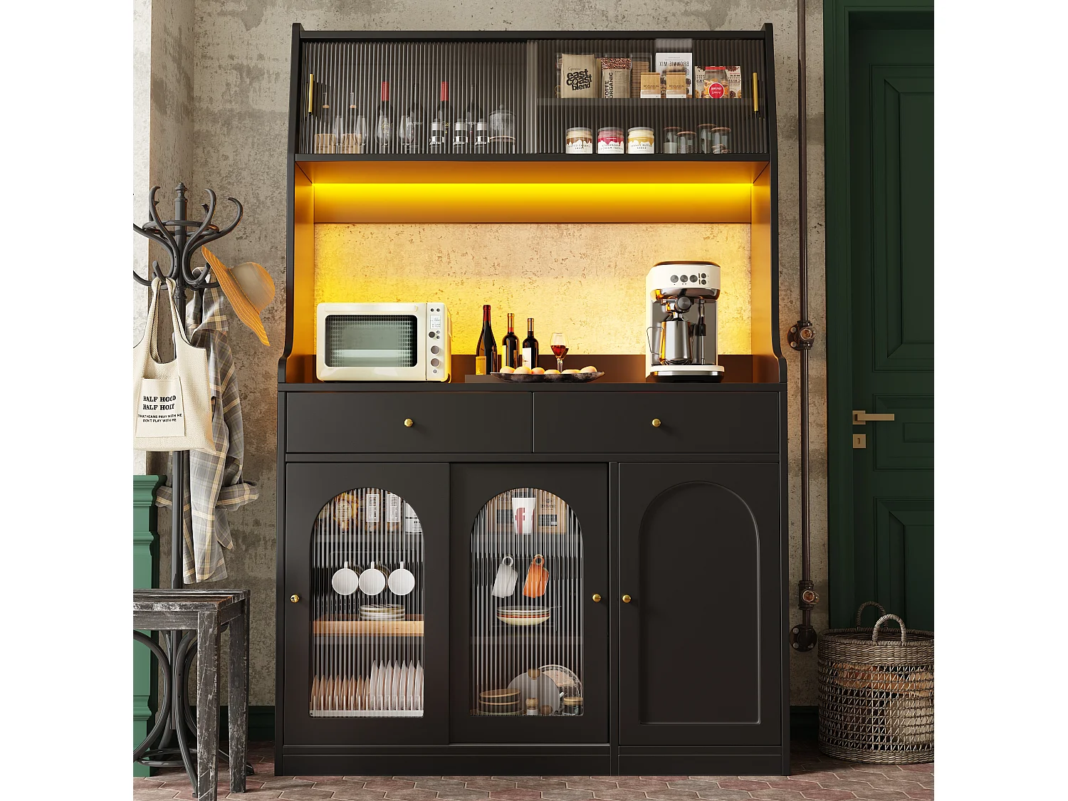 Armoire haute de cuisine, Buffet et Vitrine, Étagères réglables, 2 tiroirs, Sideboard LED, Lumière variable, Noir, rangement modulable