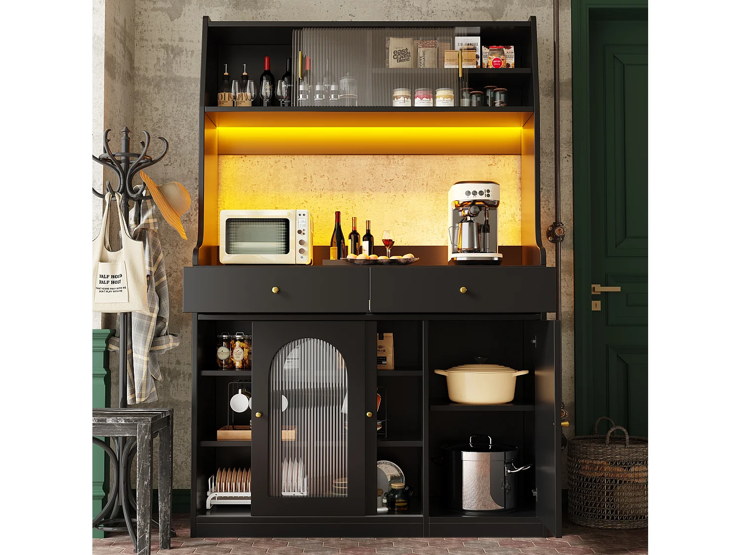 Armoire haute de cuisine, Buffet et Vitrine, Étagères réglables, 2 tiroirs, Sideboard LED, Lumière variable, Noir, rangement modulable