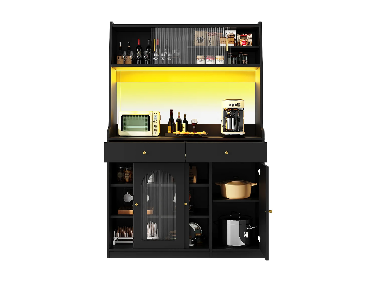 Armoire haute de cuisine, Buffet et Vitrine, Étagères réglables, 2 tiroirs, Sideboard LED, Lumière variable, Noir, rangement modulable